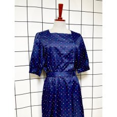 画像3: ドット ネイビー レトロ USA古着 ヴィンテージワンピース (3)