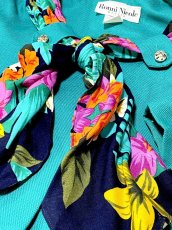 画像11: 花柄リボンタイ付 前開き グリーン 半袖 レトロ USA古着 ヴィンテージワンピース (11)