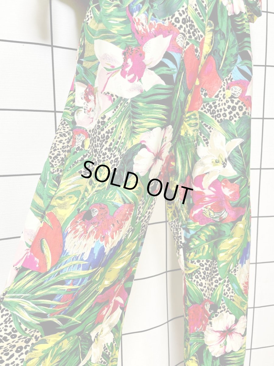 画像10: 鳥柄 ボタニカル レオパード柄 花柄 ドルマンスリーブ ウエストゴム レトロ USA古着 ヴィンテージオールインワン (10)