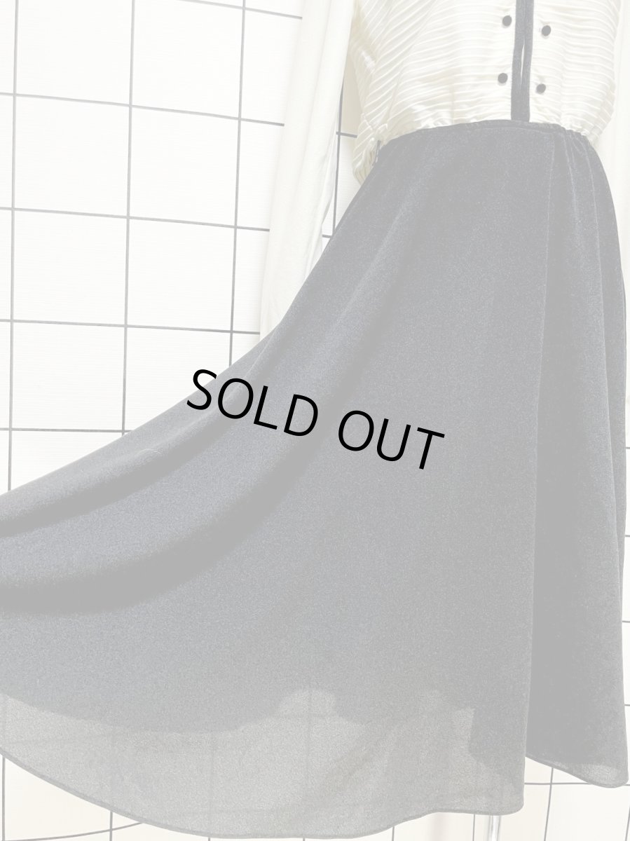 画像10: ボーダータック オフホワイト ブラック 切り替え ウエストゴム レトロ USA古着 ヴィンテージワンピース (10)