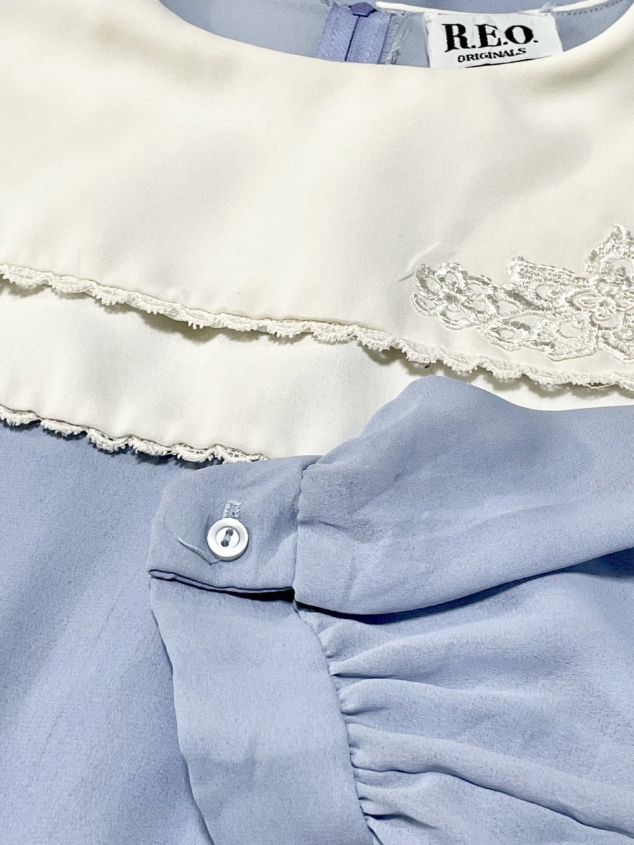 画像13: ティアード調レース襟装飾 刺繡 無地 ライトブルー ウエストゴム レトロ USA古着 ヴィンテージドレス (13)