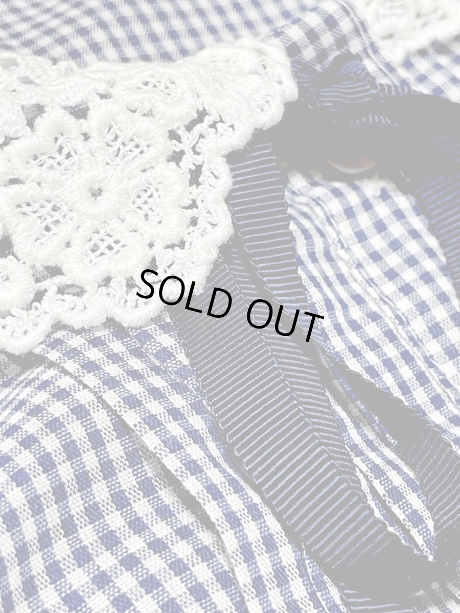 画像13: ギンガムチェック レース襟 リボン ウエストゴム 半袖 レトロ USA古着 ヴィンテージワンピース (13)