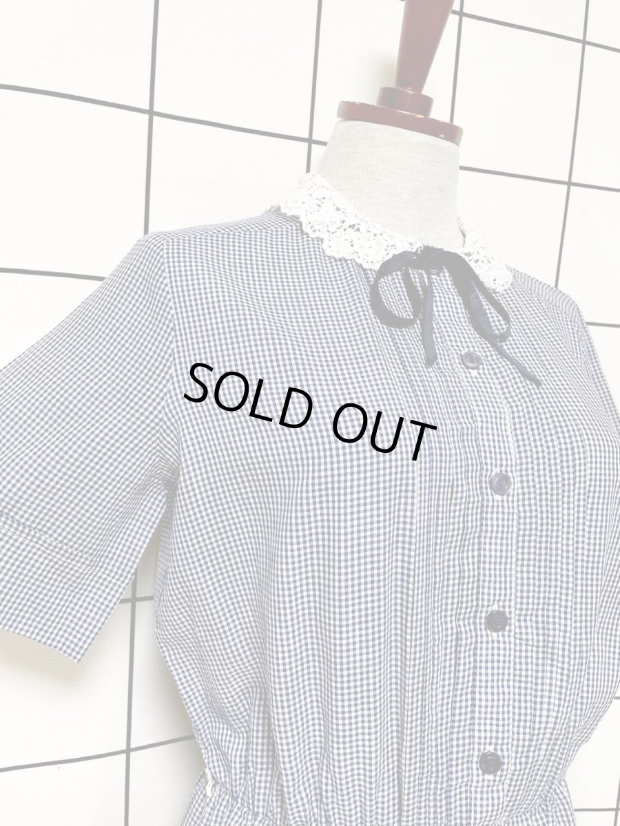 画像6: ギンガムチェック レース襟 リボン ウエストゴム 半袖 レトロ USA古着 ヴィンテージワンピース (6)