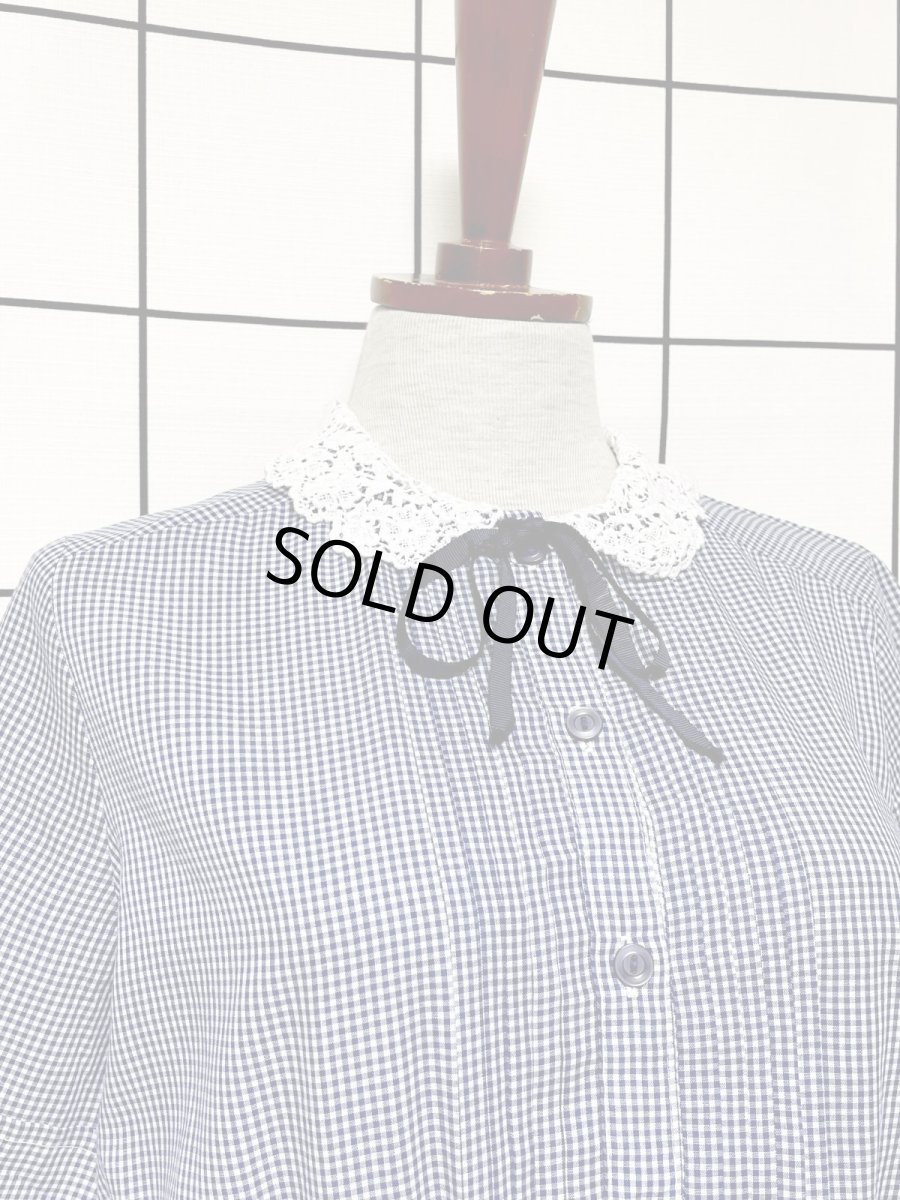 画像5: ギンガムチェック レース襟 リボン ウエストゴム 半袖 レトロ USA古着 ヴィンテージワンピース (5)