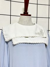 画像6: ティアード調レース襟装飾 刺繡 無地 ライトブルー ウエストゴム レトロ USA古着 ヴィンテージドレス (6)