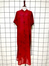 画像1: マキシ丈 花柄 前開き レッド レトロ USA古着 ヴィンテージワンピース (1)