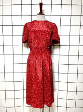 画像1: フロントタック ノーカラー レッド レトロ USA古着 ヴィンテージワンピース (1)