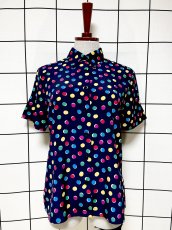 画像1: カラフルドット ネイビー レトロ 古着 シャツ ヴィンテージブラウス (1)