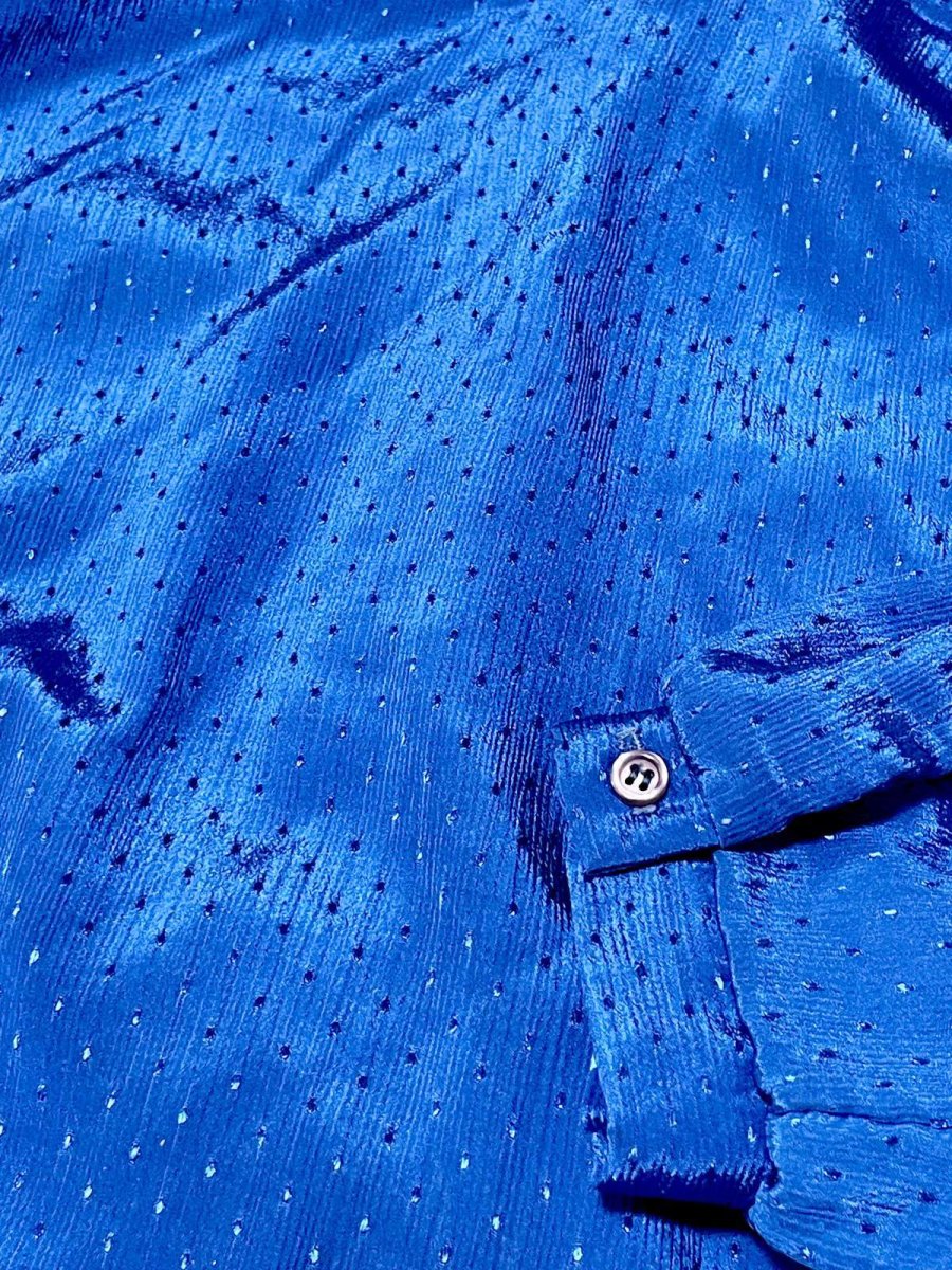 画像8: ブルー ピンドット織り 首元フリル 後ろボタン 長袖 シャツ レトロ USA古着 ヴィンテージブラウス (8)