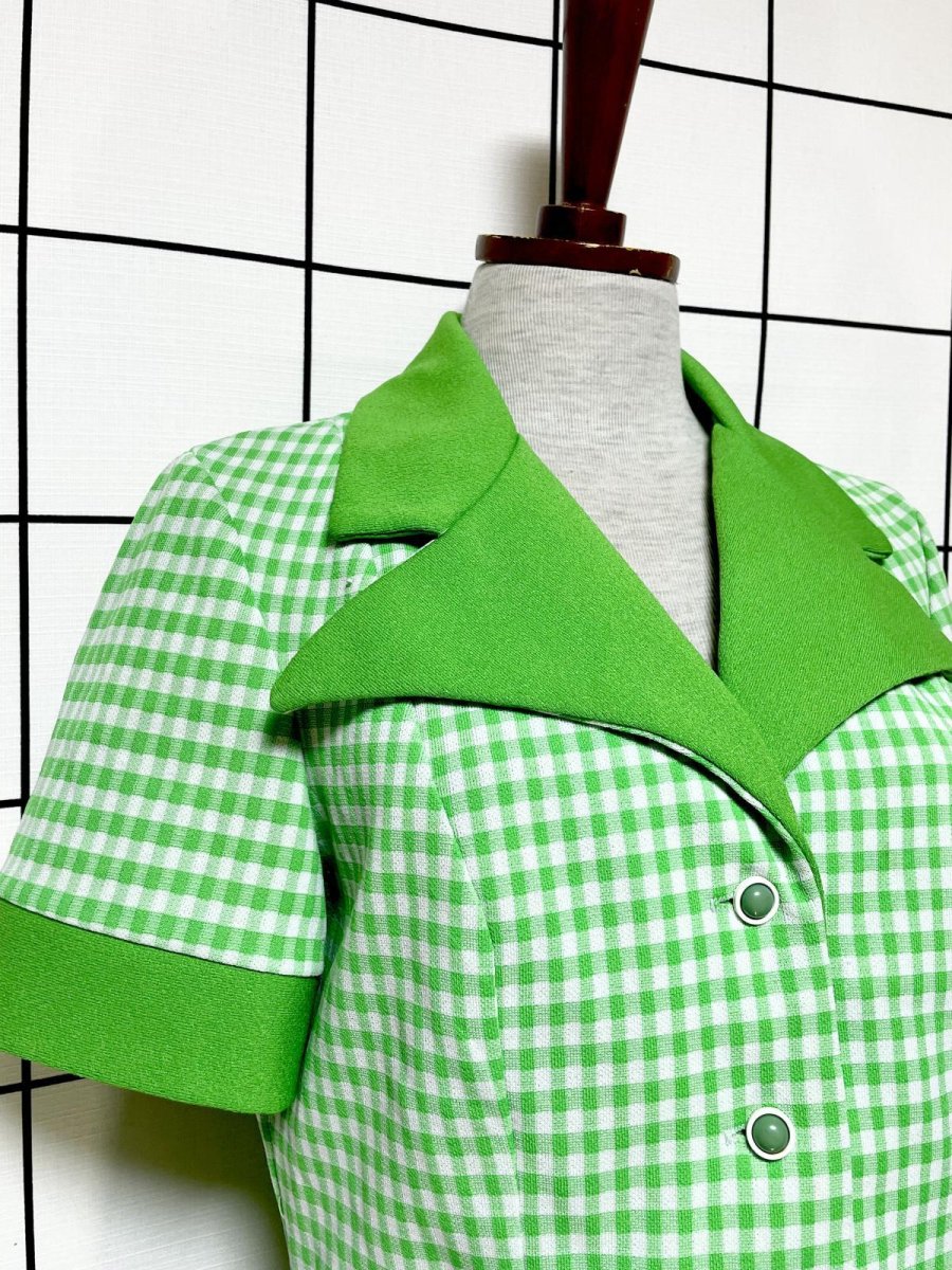 画像6: チェック柄 ビッグカラー グリーン ホワイト レトロ USA古着 シャツ ヴィンテージブラウス (6)