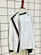 画像10: ホワイト ブラック タック ノーカラー 古着 長袖 シャツ レトロブラウス (10)
