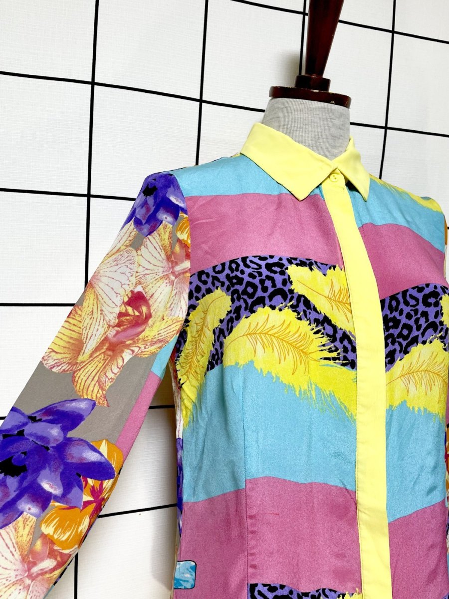 画像6: Italy製 レオパード風 リーフ柄 レトロ ヨーロッパ古着 シャツ ヴィンテージブラウス (6)