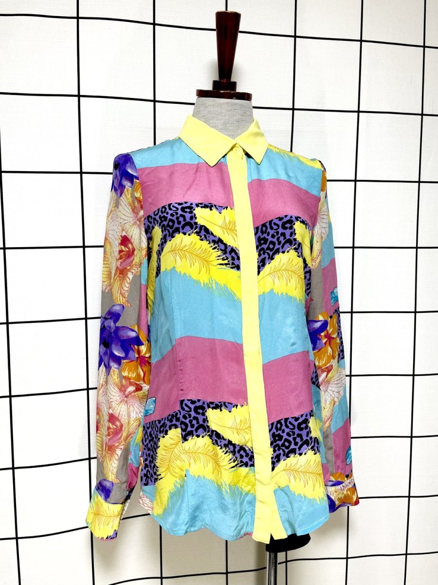 画像3: Italy製 レオパード風 リーフ柄 レトロ ヨーロッパ古着 シャツ ヴィンテージブラウス (3)