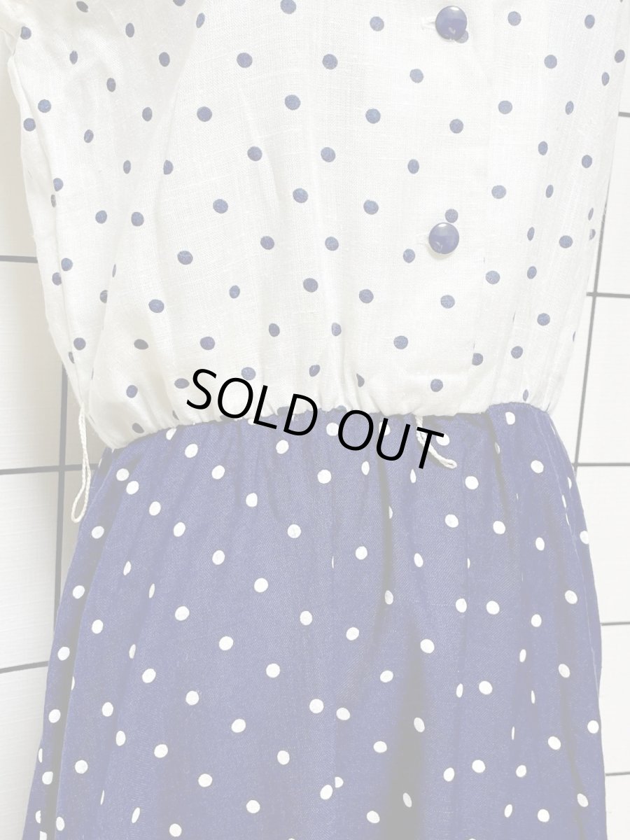 画像7: ドット ホワイト ネイビー ノースリーブ USA古着 レトロ ヴィンテージワンピース (7)