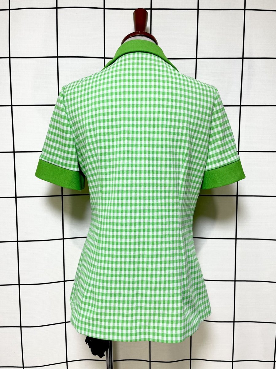 画像2: チェック柄 ビッグカラー グリーン ホワイト レトロ USA古着 シャツ ヴィンテージブラウス (2)