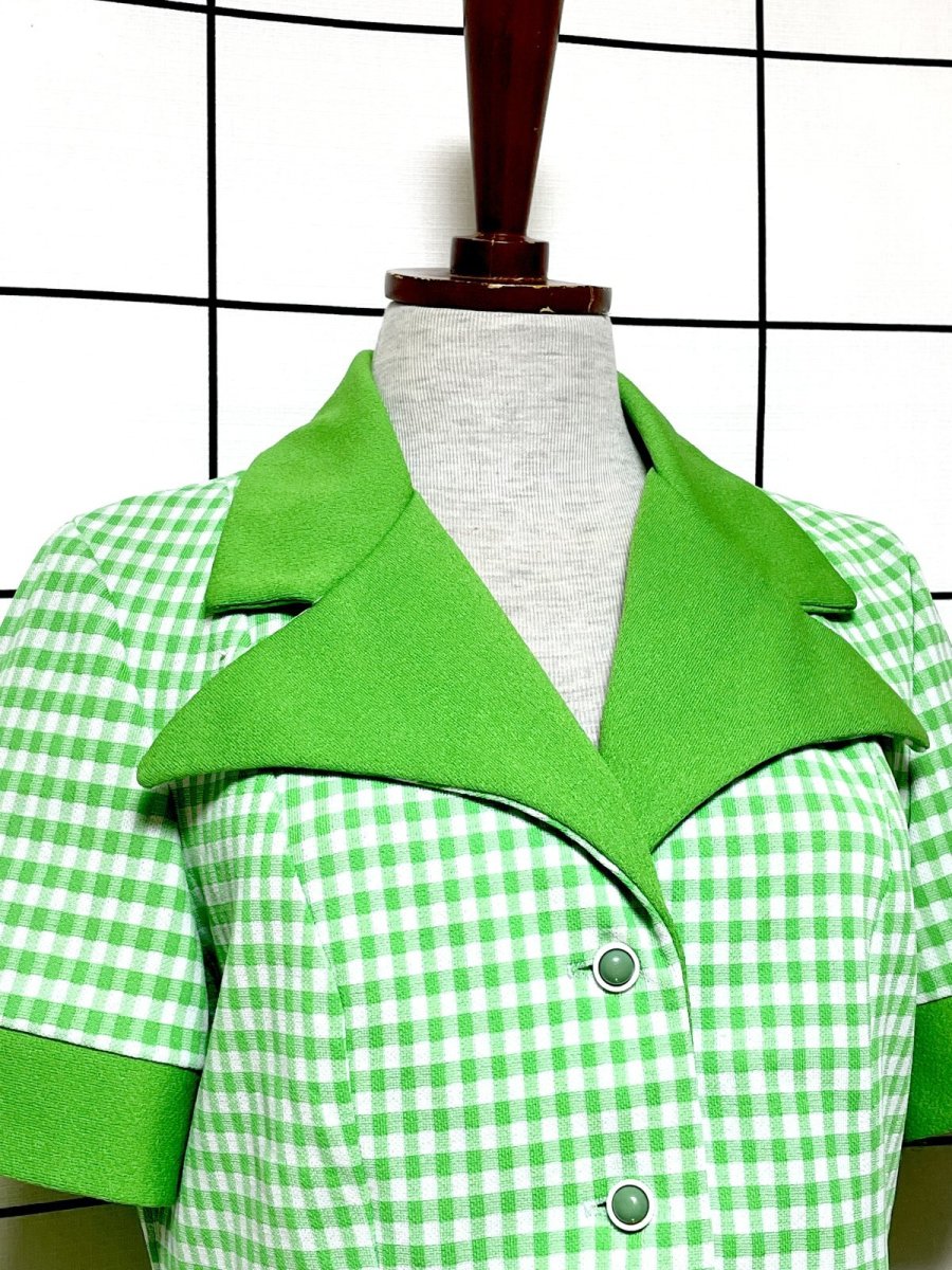 画像5: チェック柄 ビッグカラー グリーン ホワイト レトロ USA古着 シャツ ヴィンテージブラウス (5)