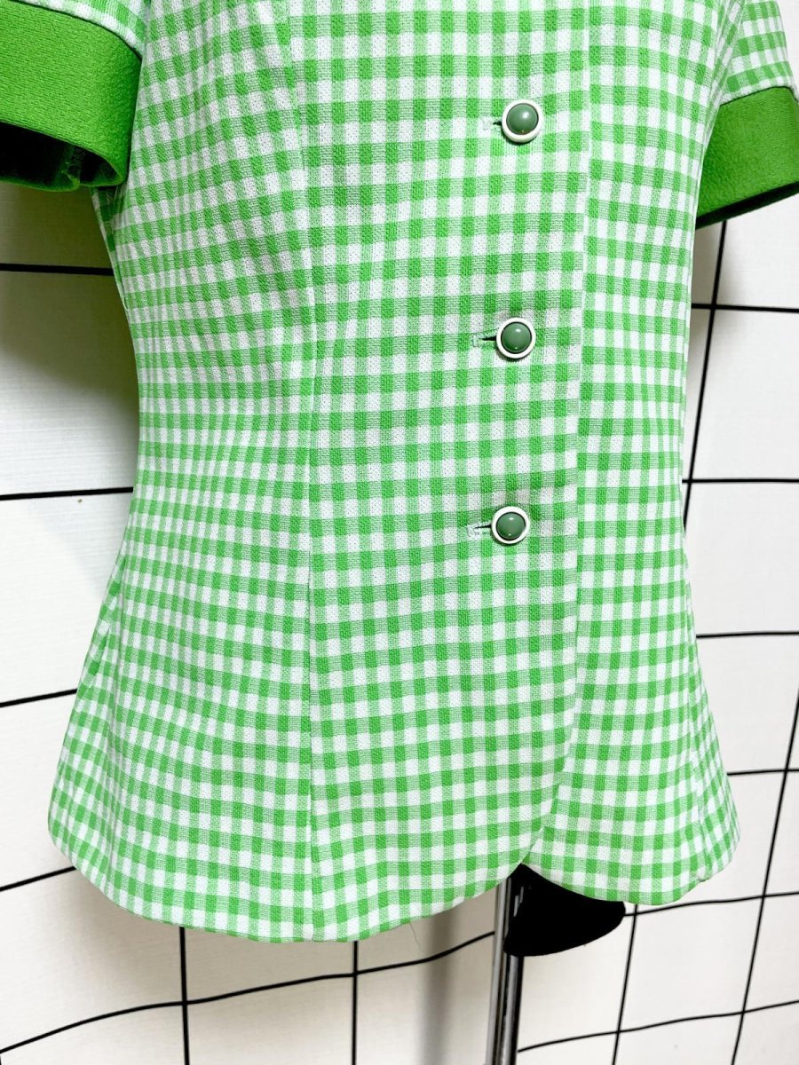 画像7: チェック柄 ビッグカラー グリーン ホワイト レトロ USA古着 シャツ ヴィンテージブラウス (7)