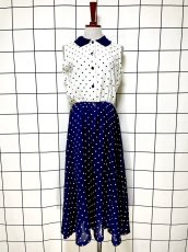 画像1: ドット ホワイト ネイビー ノースリーブ USA古着 レトロ ヴィンテージワンピース (1)