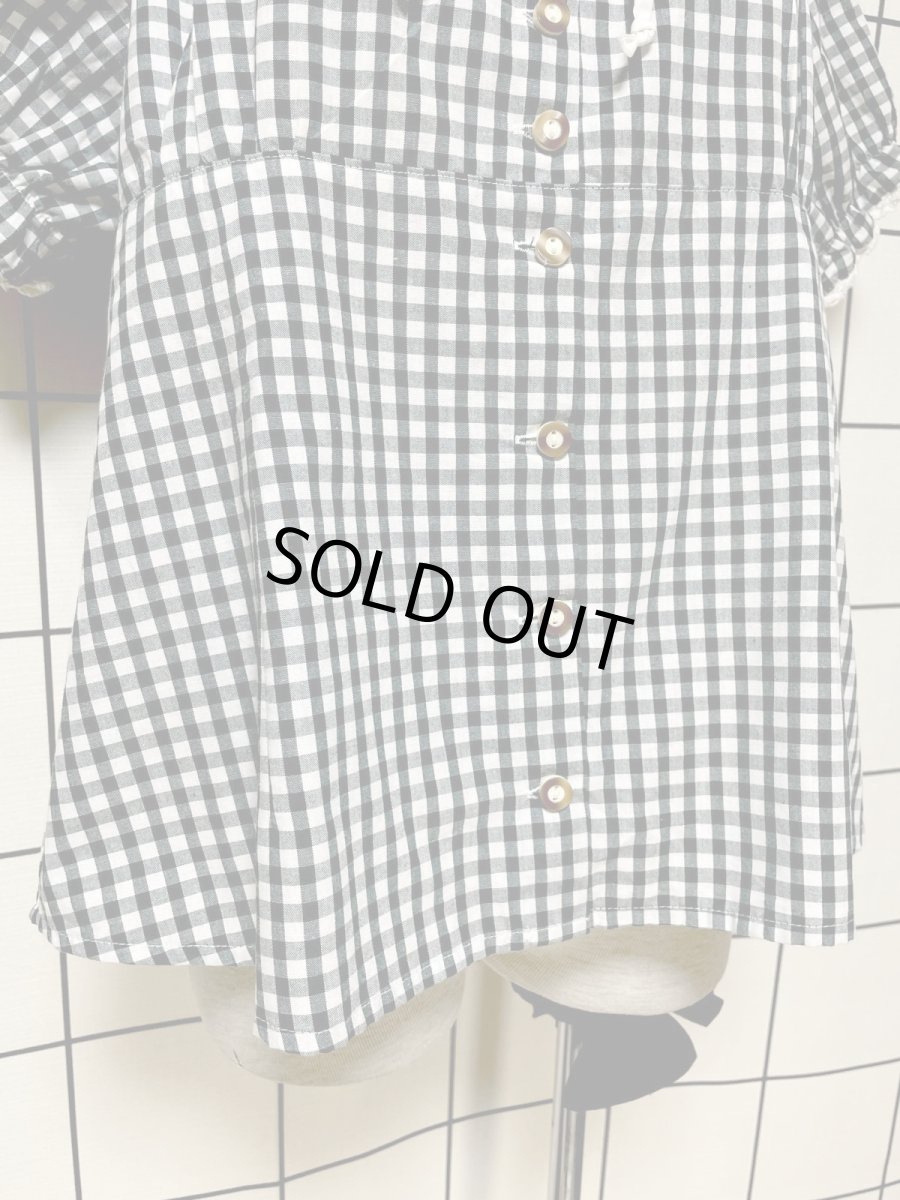 画像7: ギンガムチェック レース リボン レトロ 古着 シャツ 長袖 ヴィンテージトップス (7)