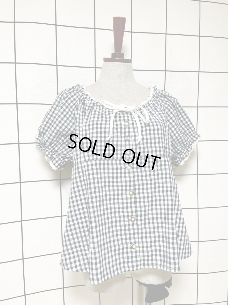 画像3: ギンガムチェック レース リボン レトロ 古着 シャツ 長袖 ヴィンテージトップス (3)