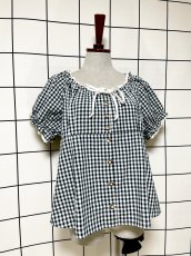 画像3: ギンガムチェック レース リボン レトロ 古着 シャツ 長袖 ヴィンテージトップス (3)