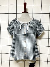 画像1: ギンガムチェック レース リボン レトロ 古着 シャツ 長袖 ヴィンテージトップス (1)