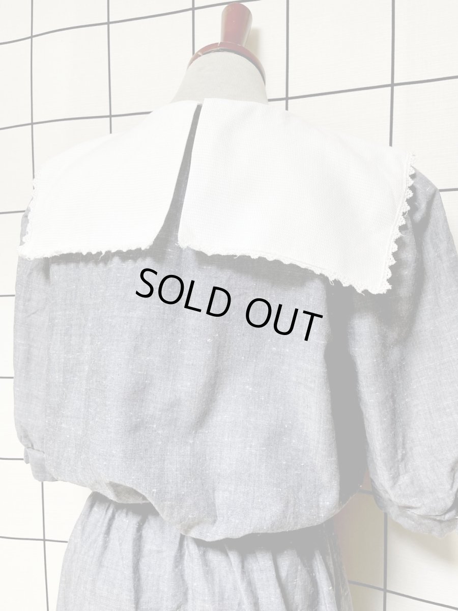 画像3: レース襟 グレー パフスリーブ ウエストゴム レトロ USA古着 ヴィンテージワンピース (3)