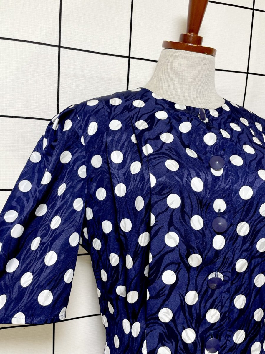 画像6: ドット 前開き ネイビー レトロ USA古着 ヴィンテージワンピース (6)