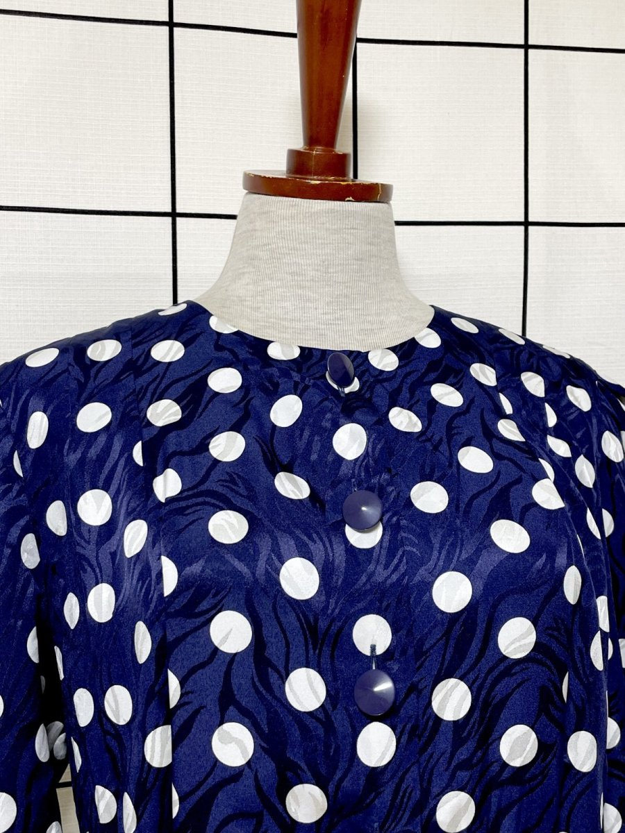 画像5: ドット 前開き ネイビー レトロ USA古着 ヴィンテージワンピース (5)