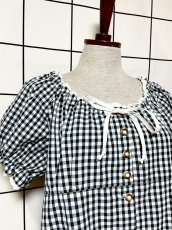 画像6: ギンガムチェック レース リボン レトロ 古着 シャツ 長袖 ヴィンテージトップス (6)