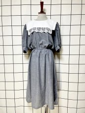 画像1: レース襟 グレー パフスリーブ ウエストゴム レトロ USA古着 ヴィンテージワンピース (1)