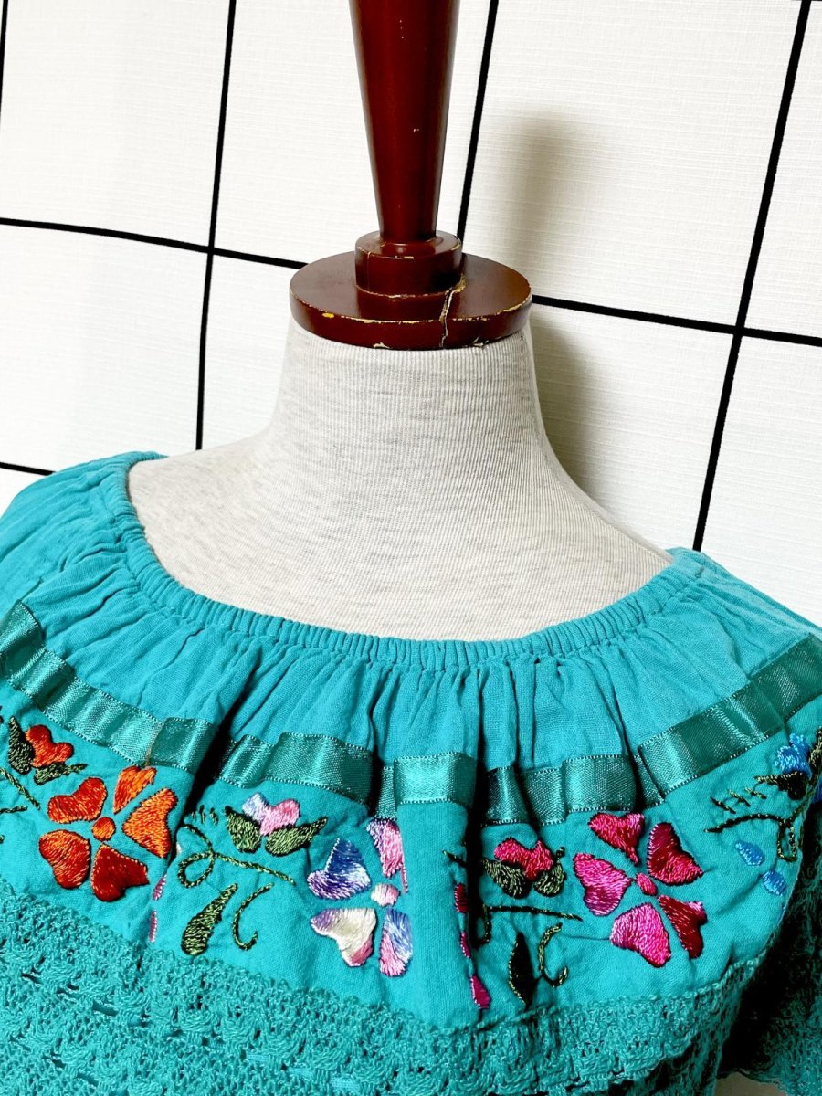 画像4: メキシカン花刺繍 レース サテンテープ ノースリーブ レトロ  USA古着 ヴィンテージワンピース (4)