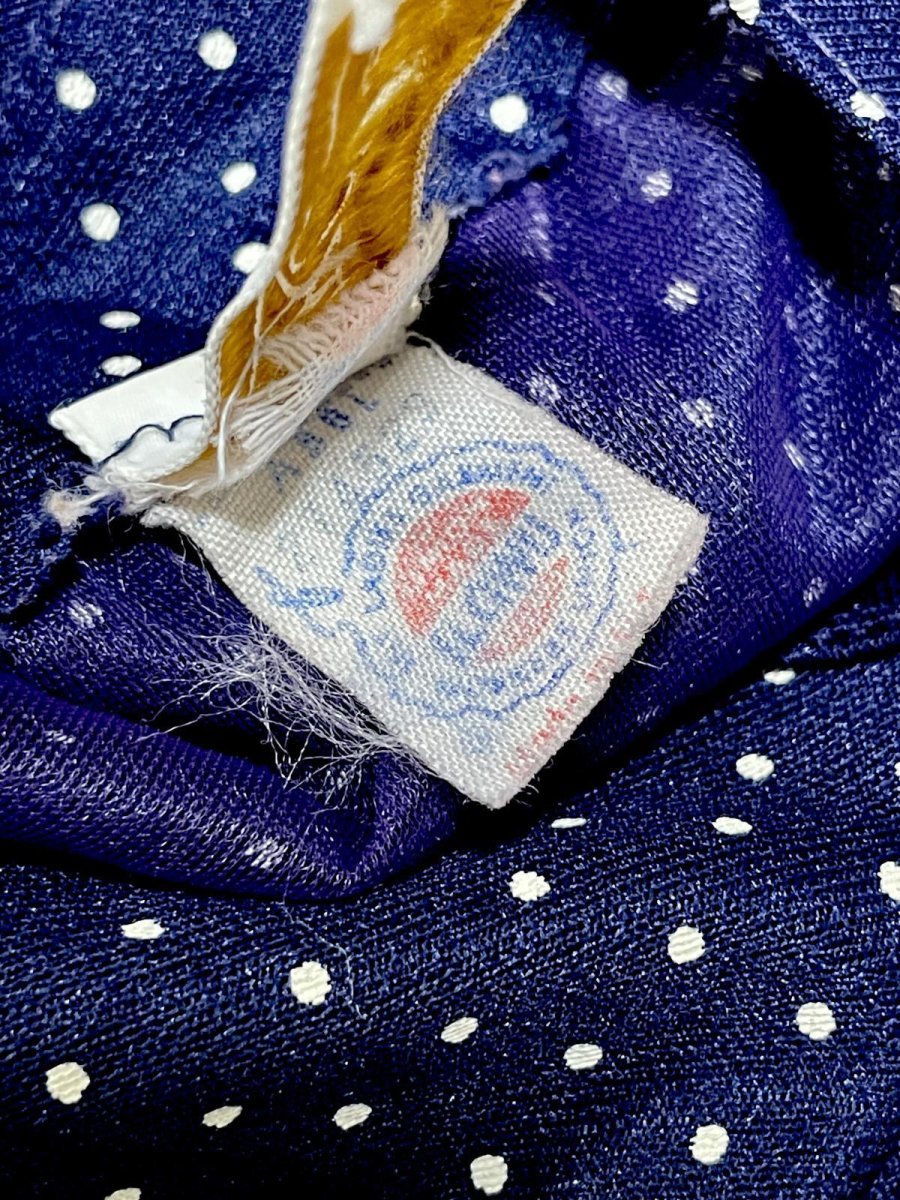 画像13: ドット柄 プリーツ切り替え UNIONMADE ネイビー リボン ウエストゴム レトロ USA古着 ヴィンテージワンピース (13)
