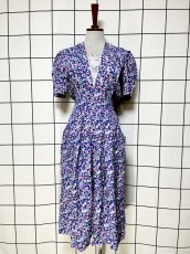 画像1: フロントレース 花柄 クラシカル ガーリー ウエストゴム レトロ USA古着 ヴィンテージワンピース (1)