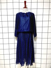 画像1: ドット柄 プリーツ切り替え UNIONMADE ネイビー リボン ウエストゴム レトロ USA古着 ヴィンテージワンピース (1)