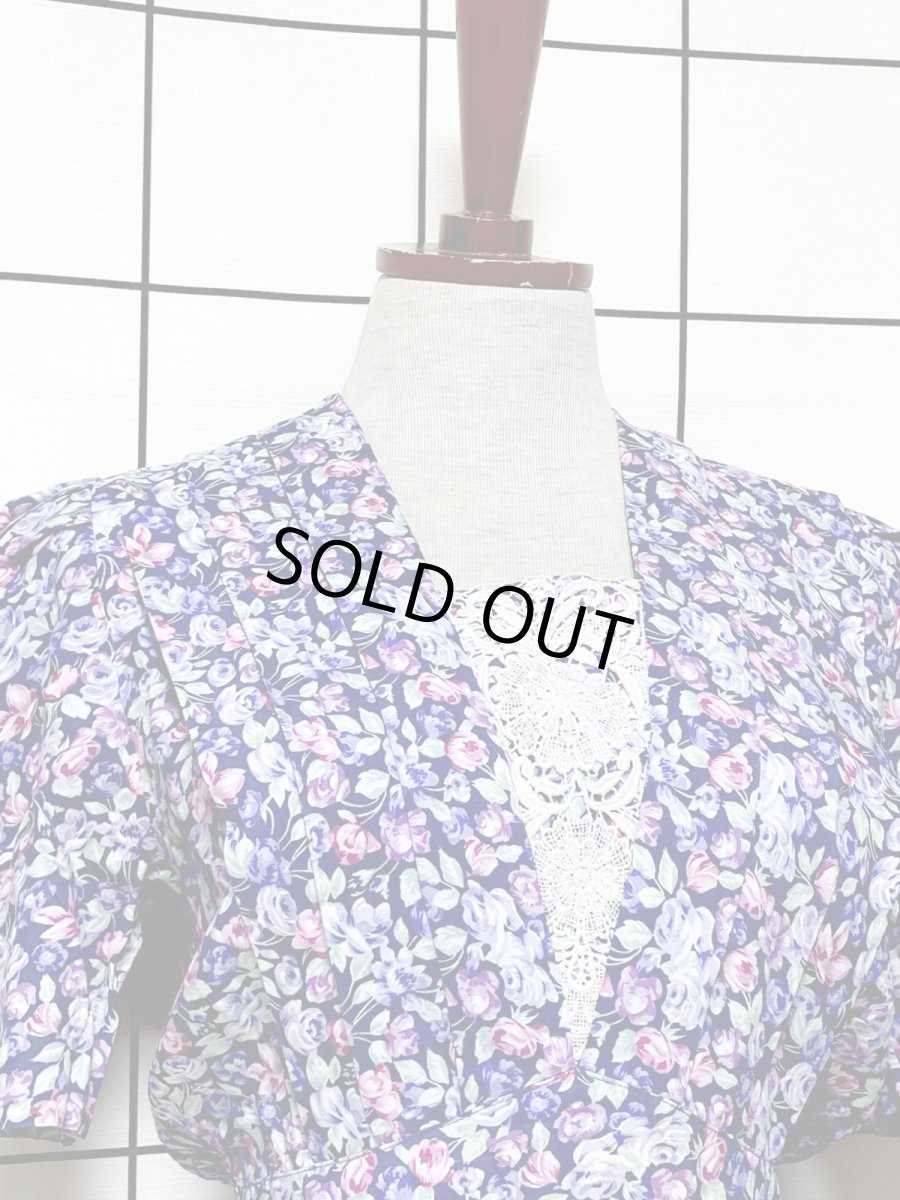 画像6: フロントレース 花柄 クラシカル ガーリー ウエストゴム レトロ USA古着 ヴィンテージワンピース (6)