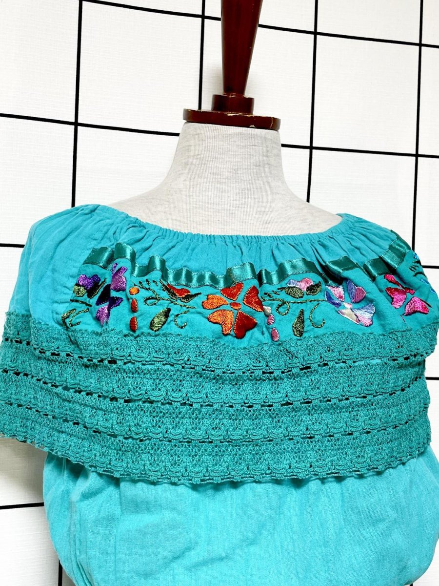 画像5: メキシカン花刺繍 レース サテンテープ ノースリーブ レトロ  USA古着 ヴィンテージワンピース (5)
