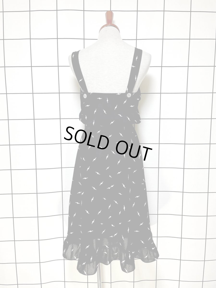 画像3: 稲妻柄 ブラック ウエストゴム ノースリーブ レトロ USA古着 ヴィンテージワンピース (3)