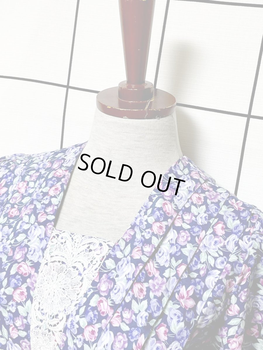 画像5: フロントレース 花柄 クラシカル ガーリー ウエストゴム レトロ USA古着 ヴィンテージワンピース (5)