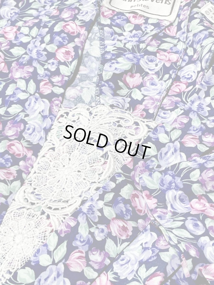 画像10: フロントレース 花柄 クラシカル ガーリー ウエストゴム レトロ USA古着 ヴィンテージワンピース (10)