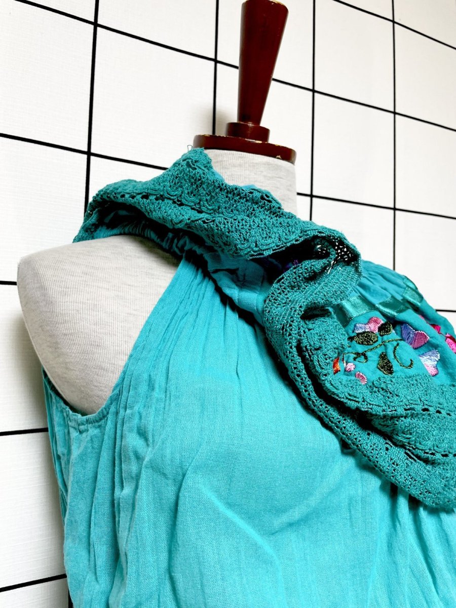 画像6: メキシカン花刺繍 レース サテンテープ ノースリーブ レトロ  USA古着 ヴィンテージワンピース (6)