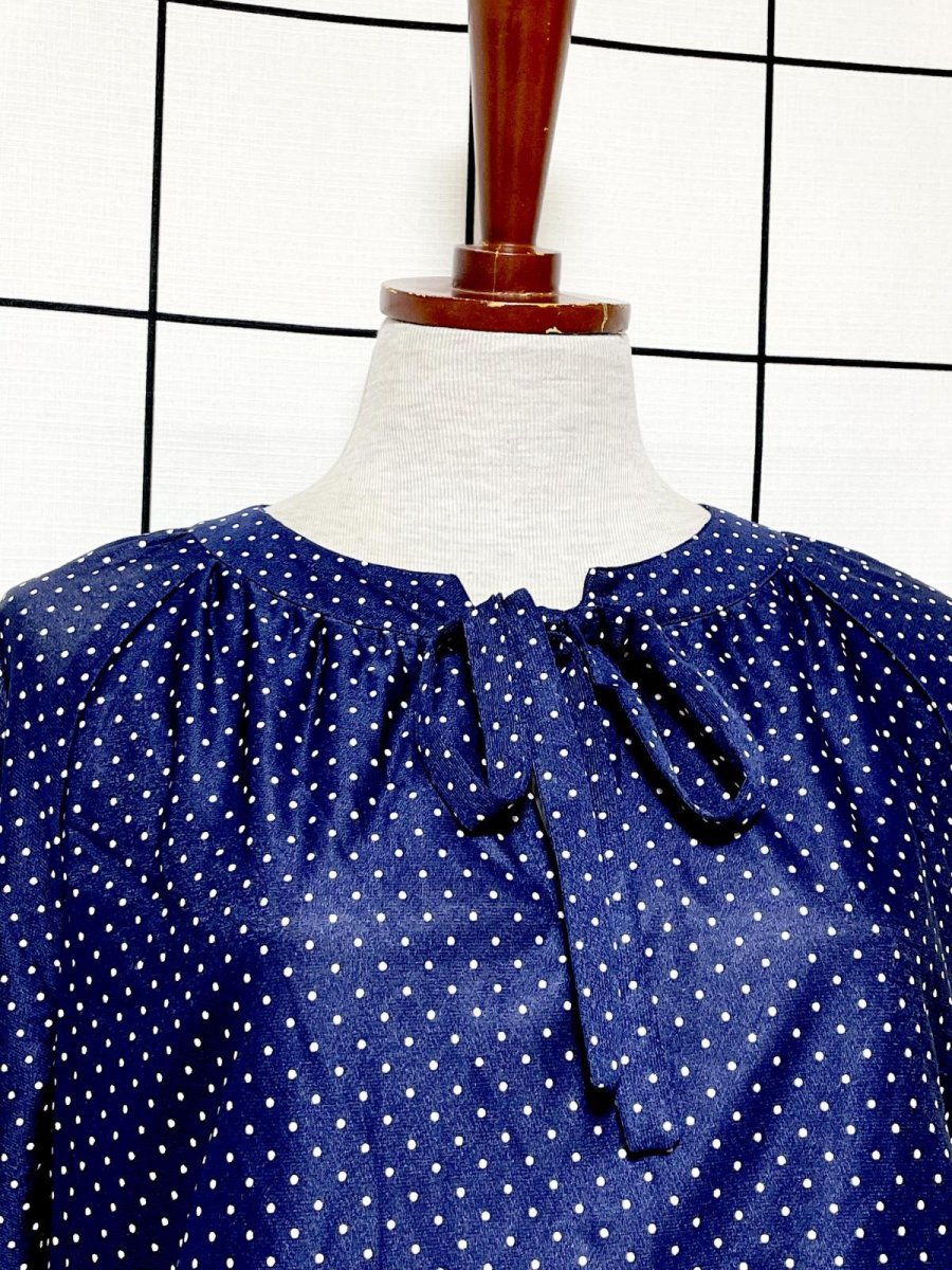 画像5: ドット柄 プリーツ切り替え UNIONMADE ネイビー リボン ウエストゴム レトロ USA古着 ヴィンテージワンピース (5)