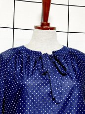 画像5: ドット柄 プリーツ切り替え UNIONMADE ネイビー リボン ウエストゴム レトロ USA古着 ヴィンテージワンピース (5)