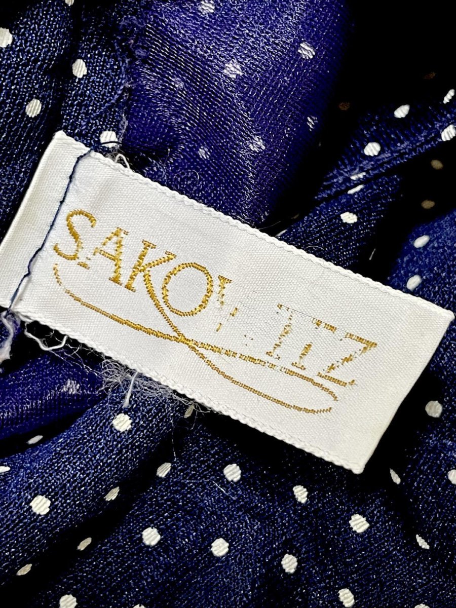 画像12: ドット柄 プリーツ切り替え UNIONMADE ネイビー リボン ウエストゴム レトロ USA古着 ヴィンテージワンピース (12)