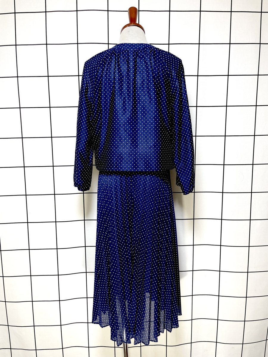 画像2: ドット柄 プリーツ切り替え UNIONMADE ネイビー リボン ウエストゴム レトロ USA古着 ヴィンテージワンピース (2)