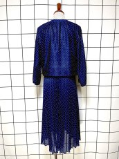 画像2: ドット柄 プリーツ切り替え UNIONMADE ネイビー リボン ウエストゴム レトロ USA古着 ヴィンテージワンピース (2)