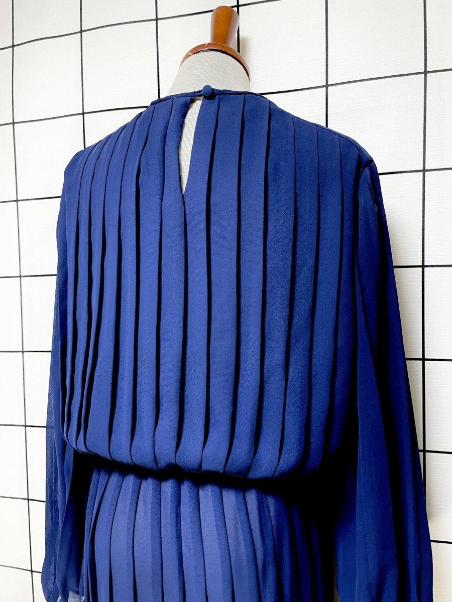 画像3: パーティー衣装にもおすすめ オールプリーツ ネイビー ウエストゴム レトロ USA古着 ヴィンテージドレス (3)