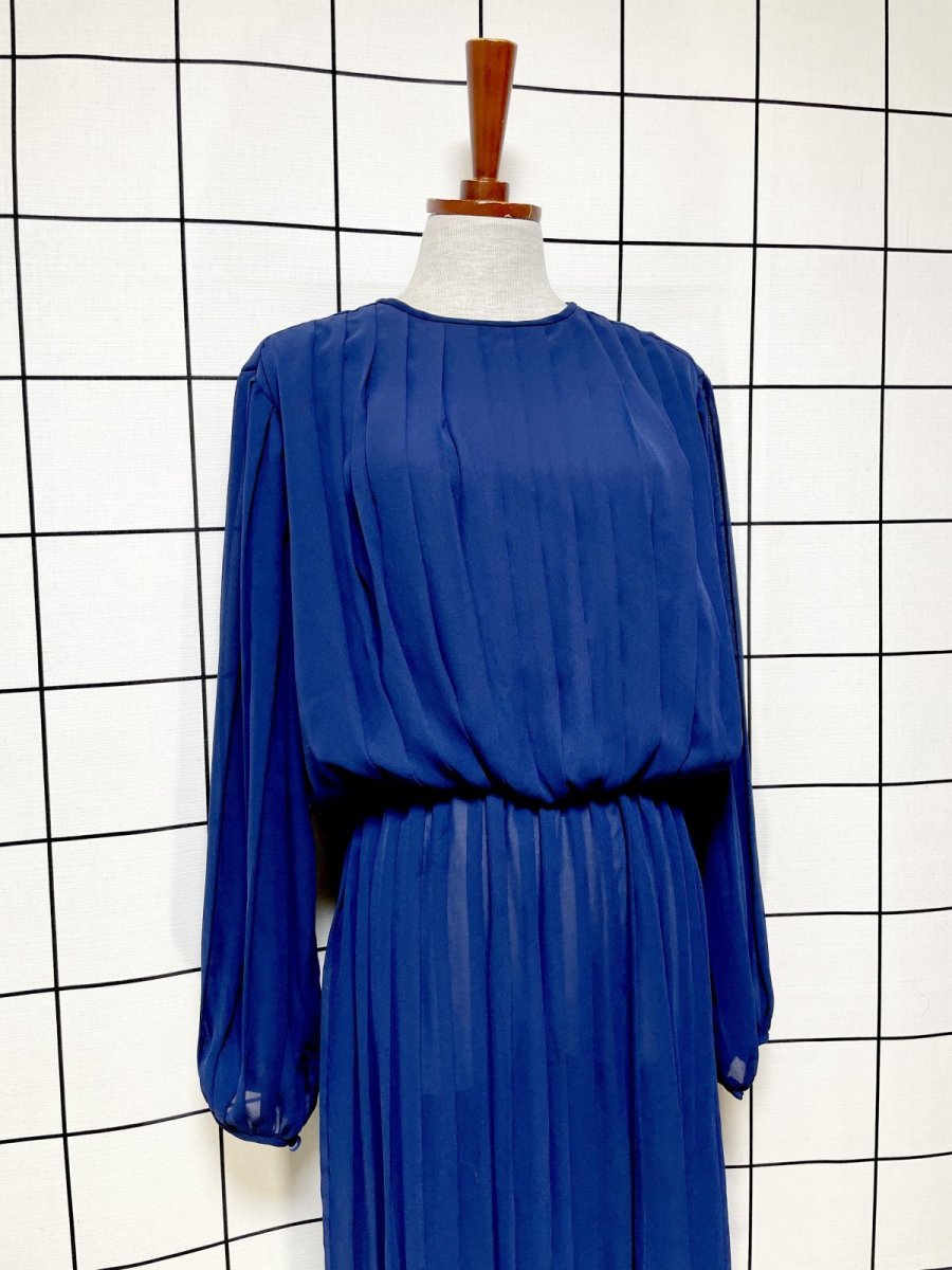 画像4: パーティー衣装にもおすすめ オールプリーツ ネイビー ウエストゴム レトロ USA古着 ヴィンテージドレス (4)