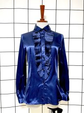 画像1: フロントフリル ネイビー シャツ レトロ USA古着 ヴィンテージブラウス (1)