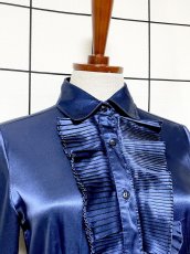 画像5: フロントフリル ネイビー シャツ レトロ USA古着 ヴィンテージブラウス (5)